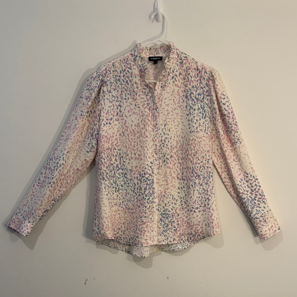 Express cream with pink and blue pattern women Button Down blouse size L